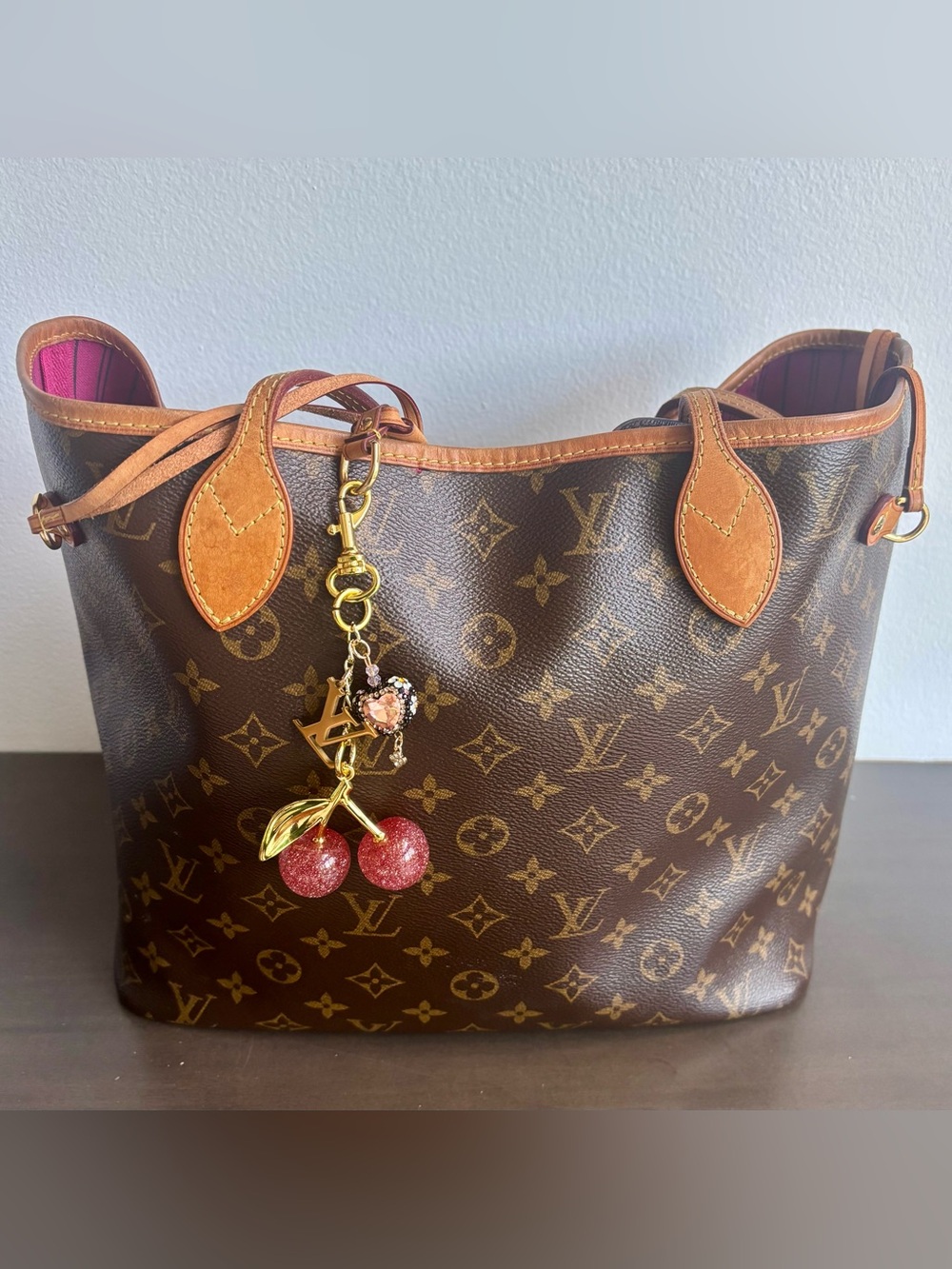 Louis Vuitton Monogram, Pink Cherry and Heart Bag Charm, Keychain 5.5 inches. - Picture 2 of 3
